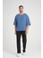 Bisiklet Yaka Fakir Kol Oversize Kısa Kol T-Shirt - Mavi 2