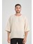 Bisiklet Yaka Fakir Kol Oversize Kısa Kol T-Shirt - Bej 1