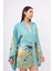 Joy Short Kımono Anne-Çocuk Baskılı 80 cm Kısa Saten Kadın Kimono - Turkuaz 2