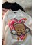 Retro Cute Bear Baskılı Beyaz Unisex Oversize T-Shirt 1