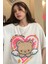 Retro Cute Bear Baskılı Beyaz Unisex Oversize T-Shirt 4