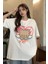 Retro Cute Bear Baskılı Beyaz Oversize T-Shirt 2