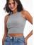 Kadın Gri Fitilli Görünümlü Askılı Kalın Esnek Örme Basic Crop Atlet Bluz CMRB93 1