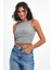 Kadın Gri Fitilli Görünümlü Askılı Kalın Esnek Örme Basic Crop Atlet Bluz CMRB93 3