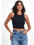 Kadın Lacivert Fitilli Görünümlü Askılı Kalın Esnek Örme Basic Crop Atlet Bluz CMRB93 2