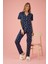 Kadın Lacivert Boydan Düğmeli Gömlek Yaka Kalp Desenli Pijama Takımı 1
