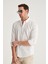 Slim Fit Ekru Düğmeli Yaka %100 Pamuk Yazlık Flamlı Keten Görünümlü Gömlek 6HC02ORT63265 3