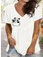 Kadın V Yaka Salaş Cep Panda Baskılı Beyaz Oversize Boyfriend T-Shirt 1