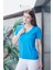 Kadın V Yaka Kısa Kol Likralı Span Kumaş Şık T-Shirt Bluz-Mavi 1