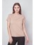 Kadın Sıfır Yaka Kırışmaz Span Karışımlı Şık Kısa Kol Likralı T-shirt Bluz-Koyu Bej 3