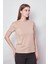 Kadın Sıfır Yaka Kırışmaz Span Karışımlı Şık Kısa Kol Likralı T-shirt Bluz-Koyu Bej 4