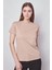 Kadın Sıfır Yaka Kırışmaz Span Karışımlı Şık Kısa Kol Likralı T-shirt Bluz-Koyu Bej 5