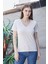 Kadın V Yaka Kısa Kol Likralı Span Kumaş Şık T-Shirt Bluz-Şampanya 1