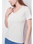 Kadın V Yaka Kısa Kol Likralı Span Kumaş Şık T-Shirt Bluz-Şampanya 5