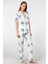 3604 Kadın Kısa Kollu Dokuma Gömlek Pijama Takım-Ekru 2