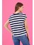 Kadın Cindy Lacivert-Beyaz Bisiklet Yaka Regular Fit Basic Çizgili T-Shirt 4