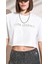 Kadın Beyaz Bisiklet Yaka Oversize Süprem Varak Yazılı Crop T-Shirt 3