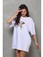 Unisex Bisiklet Yaka Baskılı Oversize T-Shirt - Beyaz 5