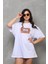 Unisex Bisiklet Yaka Baskılı Oversize T-Shirt - Beyaz 4