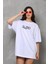 Unisex Bisiklet Yaka Baskılı Oversize T-Shirt - Beyaz 1