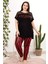Siyah Kırmızı Renk ve Çizgi Desenli Lady 10957 Kadın Kısa Kol Büyük Beden Pijama Takımı 4
