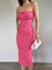 Kadın Ince Askılı Önü Bağlama Detaylı Yırtmaçlı Çiçek Desenli Midi Elbise Pembe 3
