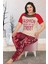 Kırmızı Renk ve Leopar Desenli Lady 10835 Kadın Kısa Kol Büyük Beden Pijama Takımı 2