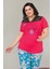 Kırmızı - Mavi Renk Çiçek Desenli Lady 10838 Kadın Kısa Kol Büyük Beden Pijama Takımı 3