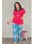 Kırmızı - Mavi Renk Çiçek Desenli Lady 10838 Kadın Kısa Kol Büyük Beden Pijama Takımı 4