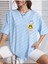 Kadın Gülen Yüz Baskılı Bisiklet Yaka Salaş Oversize Boyfriend Bebe Mavi T-Shirt 1