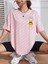 Kadın Gülen Yüz Baskılı Bisiklet Yaka Salaş Oversize Boyfriend Pembe T-Shirt 1