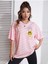 Kadın Gülen Yüz Baskılı Bisiklet Yaka Salaş Oversize Boyfriend Pembe T-Shirt 2