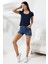 Kare Yaka Kısa Kol Penye Kompakt Likralı Esnek Basic T-Shirt 21069 Lacivert 1
