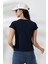 Kare Yaka Kısa Kol Penye Kompakt Likralı Esnek Basic T-Shirt 21069 Lacivert 4