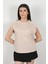 Kadın Kısa Kollu Bej T-Shirt %100 Pamuk Kolları Ribanalı Bisiklet Yaka - 24503 1