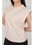 Kadın Kısa Kollu Bej T-Shirt %100 Pamuk Kolları Ribanalı Bisiklet Yaka - 24503 4