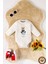 Unisex Organik %100 Pamuklu Space Teddy Bear Baskılı 3-6-9-12 Ay Bebek Body Ekru Badi Zıbın 1