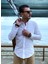 Slimfit Beyaz Keten Düğmeli Yaka Gömlek 1