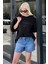 Siyah Oversize Kalp Baskılı Bisiklet Yaka Kısa Kollu Tişört MG2129 1