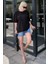 Siyah Oversize Kalp Baskılı Bisiklet Yaka Kısa Kollu Tişört MG2129 2
