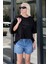 Siyah Oversize Kalp Baskılı Bisiklet Yaka Kısa Kollu Tişört MG2129 5
