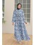 Belden Kuşaklı Desenli Elbise Indigo 24YT947 1