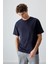Lacivert Pamuklu Kalın Yumuşak Dokulu Oversize Fit Basic Erkek T-Shirt - 88378 1