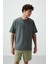 Haki %100 Pamuk Kalın Yumuşak Dokulu Oversize Fit Baskılı Erkek T-Shirt - 88360 1