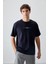 Lacivert Pamuklu Kalın Yumuşak Dokulu Oversize Fit Baskılı Erkek T-Shirt - 88374 1
