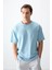Açık Mavi Pamuklu Kalın Yumuşak Dokulu Oversize Fit Basic Erkek T-Shirt - 88378 2