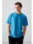 Petrol Mavi Pamuklu Kalın Yumuşak Dokulu Oversize Fit Baskılı Erkek T-Shirt - 88373 1