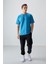 Petrol Mavi Pamuklu Kalın Yumuşak Dokulu Oversize Fit Baskılı Erkek T-Shirt - 88373 2