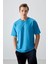 Petrol Mavi Pamuklu Kalın Yumuşak Dokulu Oversize Fit Baskılı Erkek T-Shirt - 88373 4
