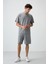 Gri Melanj Pamuklu Kalın Yumuşak Dokulu Oversize Fit Basic Erkek Şort Takım - 85249 1